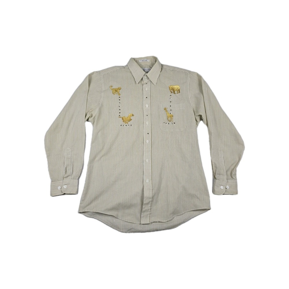 Marquis Vintage Tan Striped Button Up Shirt Gold Animal Embroidery Studded L